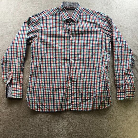 Bugatchi Mens Dress Shirt Medium Shaped Fit Long Sleeve Checkered Button Up Clas - Picture 13 of 14